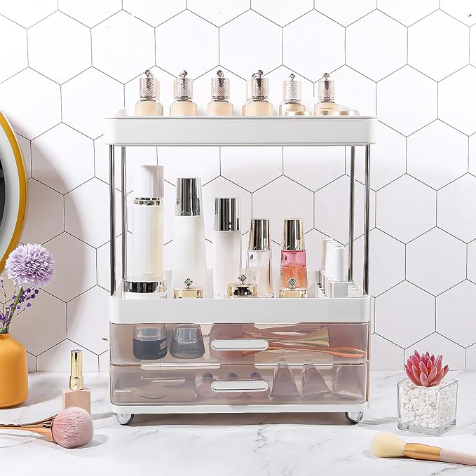 DASITON 4 Tiers Makeup Organizer, 2 Drawers Large Cosmetic Organizers for Vanity Bathroom Countertop, Bathroom Organizers and Storage for Skincare, Cosmetic, Perfume, Dresser Organizer (White+Clear)