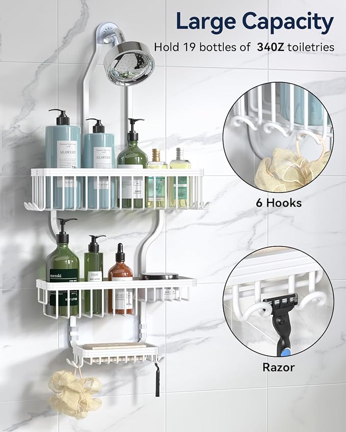 YASONIC Never-Rust Aluminum Hanging Shower Caddy – Over-the-Showerhead Organizer with 10 Hooks for Razor and Sponge – Includes Soap Basket – White