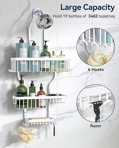 YASONIC Never-Rust Aluminum Hanging Shower Caddy – Over-the-Showerhead Organizer with 10 Hooks for Razor and Sponge – Includes Soap Basket – White