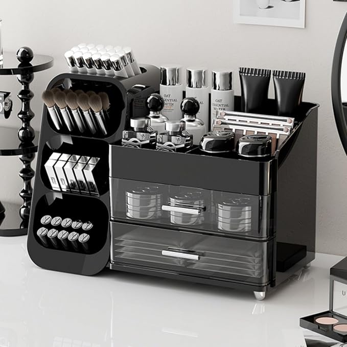 Makeup Organizer with Drawers,Large Capacity Countertop Organizer for Vanity,Bathroom and Bedroom Desk Cosmetics Organizer,Easy To Storage Skincare,Brushes,Lotions,Lipstick (Black)