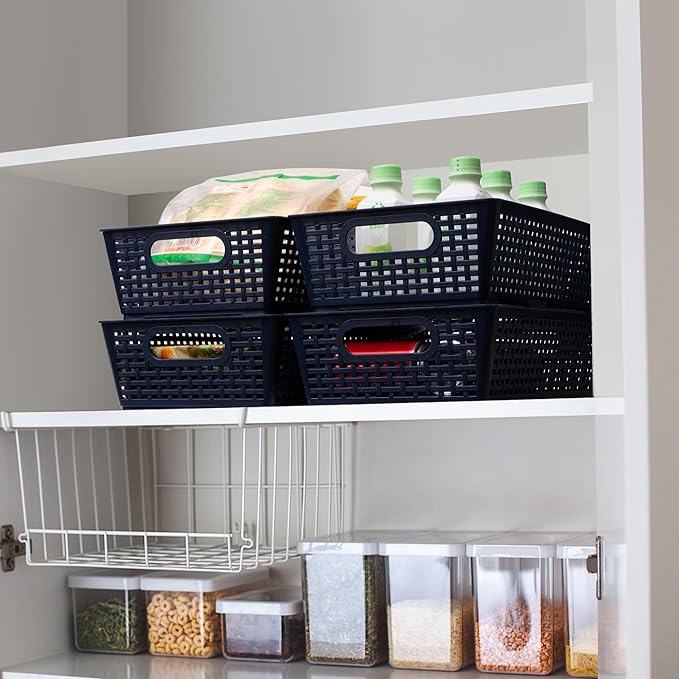 Tiawudi Stackable Woven Plastic Basket, Storage Bins for Cabinet, Closet, Shelf, Under Sink and Countertop, Pantry Organizer Bins, 6 Pack