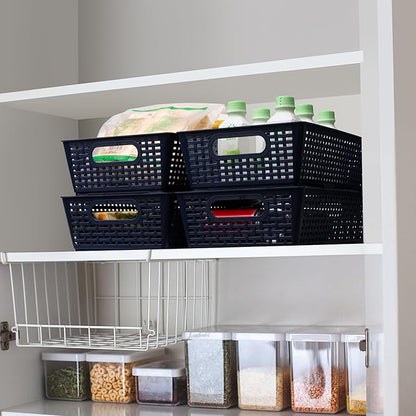 Tiawudi Stackable Woven Plastic Basket, Storage Bins for Cabinet, Closet, Shelf, Under Sink and Countertop, Pantry Organizer Bins, 6 Pack