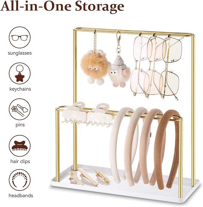pickpiff Headband Holder Organizer Metal 2-Tier with Tray: Hair Accessories Display Stand Storage, Purse Charms Key Rings Rack Necklace Stand Home Bedroom for Girls Women, Gold