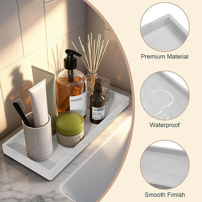 2PCS Bathroom Vanity Tray, 11.8 x 5 Inch Silicone Bathroom Counter Organizer, Decorative Holder for Candle and Perfume Tray, Cosmetics, Jewelry Rings for Kitchen Sink Organizer, Marble White