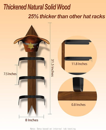 Hongmed Cowboy Hat Rack Wall Mount, Solid Pine Wood Hat Holder for Wall Holds 4 Hats, Western Style Arrow Design Hat Storage Hanger for Display and Organization, Handcrafted Hat Rack for Cowboys