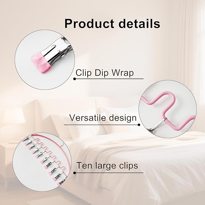 Legging Organizer for Closet,Metal Wave Design Pants Hanger with 10 Clips 7 Hooks, Closet Storage for Pants, Skirts, Hats (Pink, 2Pack)