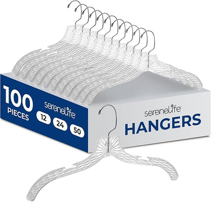 SereneLife 100 Pack Transparent Plastic Hangers, Crystal Clear, Non-Slip with Notched Shoulders, Ultra-Thin Space Saving, Closet & Retail Use, with Swivel Hook for Clothes, Shirts, Dresses, Jackets
