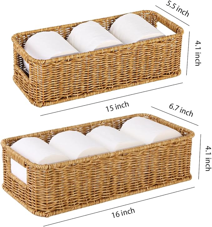 Toilet Paper Storage Basket, Small Wicker Shelf Basket Rectangle Pantry Baskets for Storage Organizer, Cute Baskets for Bathroom Bedroom Kitchen Shelves Decor (Beige)