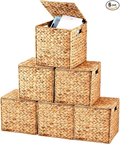 Jinei 6 Pcs Wicker Storage Basket with Lid Bulk 12 x 12 x 12 Inch Handwoven Water Hyacinth Cube Bin with Handles Woven Laundry for Organizer Shelves Wood Color