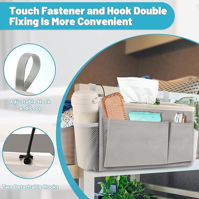 BlissTotes Bedside Caddy, Bedside Storage Organizer for Bunk Bed Accessories, Dorm Storage for Bedside Shelf and Bunk Bed Shelf, Bed Caddy for Home, Dorm, Bunk (Light Gray, 1 Pack)