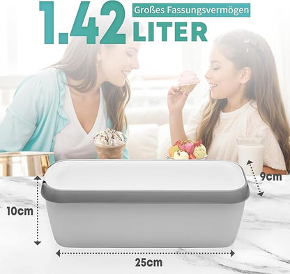 Ice Cream Storage Containers with Lids 2 PACK - 1.5 Quarts Homemade Ice Cream Tubs, Freezer Containers, Light Grey