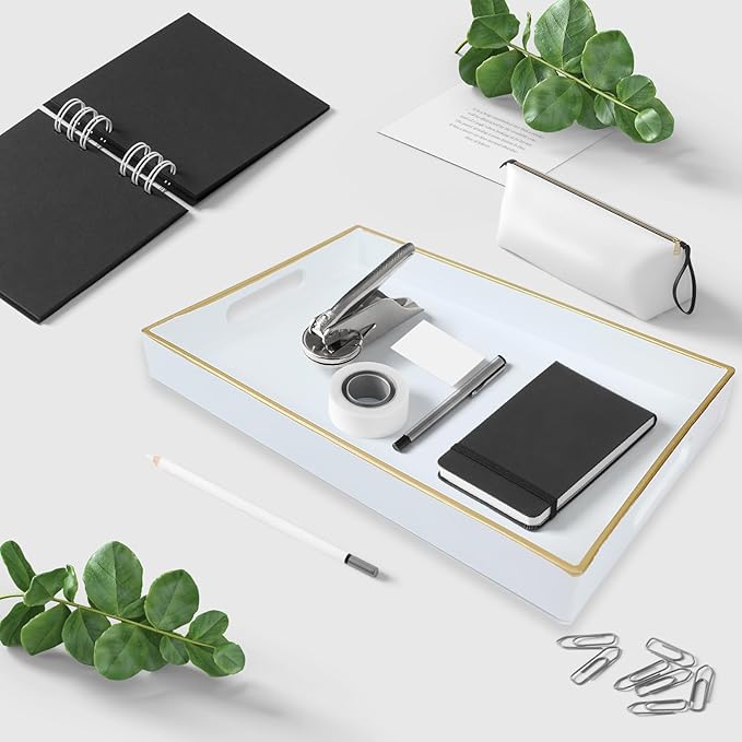 Spsyrine White Bathroom Vanity Tray with Handles for Dresser Tops, Countertop, Perfume Decorative Tray, 11.8” * 7.87” *1.37”