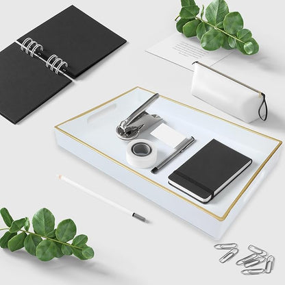 Spsyrine White Bathroom Vanity Tray with Handles for Dresser Tops, Countertop, Perfume Decorative Tray, 11.8” * 7.87” *1.37”