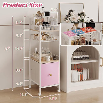 Floor Makeup Organizer Cart, Makeup and Skincare Organizer with Drawers, Bathroom Vanity Organizer, Cosmetics Display Cases Holder for Skin Care Nail Polish Perfume Makeup Brush (Pink)