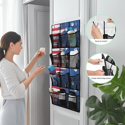 American Flag Over Door Organizer for Stuffies Collapsible Back of Door Shoe Organizer Large Capacity 4 Shelf 12 Clear Pockets Hanging Storage Bag for Shoes Cell Phones Belts Cookies