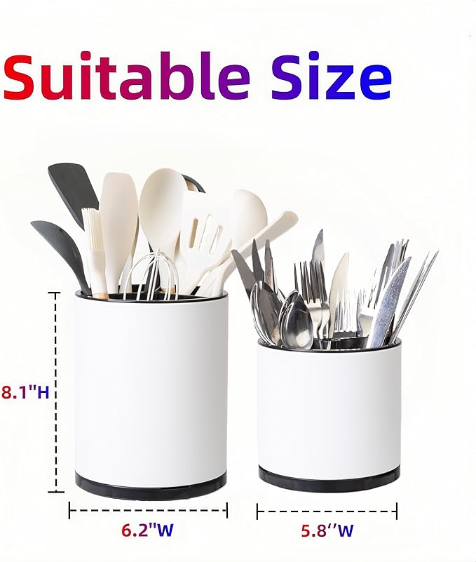 LIBODOUR Kitchen Utensil Holder Extra Large Rotating For Counter Organizer Stainless Steel Storage Cooking Silverware Caddy 3 Compartment Flatware Spoon Spatula Tool Cutlery Container(2 Set White)
