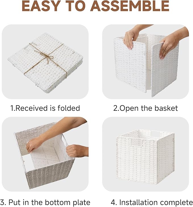 StorageWorks 13 inch Wicker Storage Baskets, Foldable Handwoven Wicker Basket for Organizing, Paper Rope Square Storage Cubes, White, 2 Pack