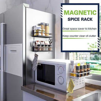 Magnetic Spice Rack, Strong Magnetic Shelf with 2 Removable Hooks, Perfect Space Saver for Small Kitchen/Apartment, Awesome Metal Cabinet for Holding Spices, Jars, Salt, Beverage(White)