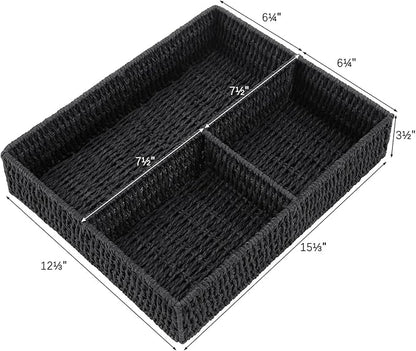 Vagusicc Wicker Divided Storage Basket, Black Wicker Baskets, Basket for Shelves Drawer Organizing, 3 Section Rectangular Woven Storage Baskets, 2-Pack