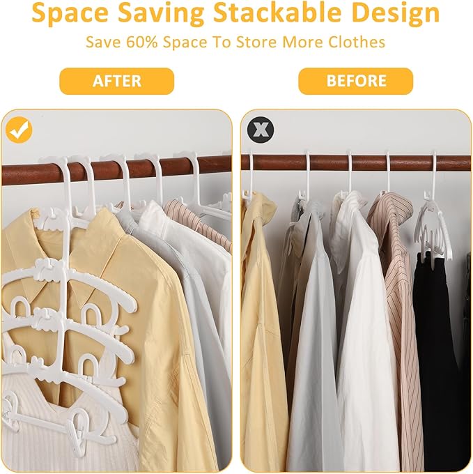 50 Pack Plastic Hangers with 16 Clips, 11-15 inch Adjustable Clothes Hanger, Durable & Non-Slip, Space Saving Coat Hanger for Pants, Jackets and Dress (White)