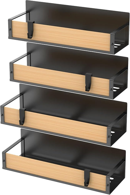 HuggieGems 4 Pack Magnetic Spice Storage Rack Organizer for Refrigerator and Oven, Wood Fridge Organizers and Storage