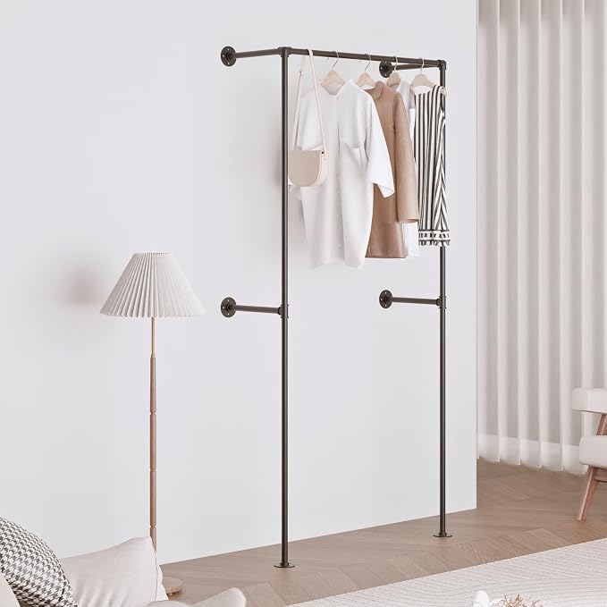 Black Industrial Pipe Clothing Rack 37.4" W Wall Mounted, Heavy Duty Iron Garment Rack 150 lbs per Rod, Open Closet Organizer for Bedroom Laundry Room Retail Display