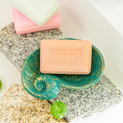 Sungmor Heavy Duty Cast Iron Soap Holder, Vintage Bar Soap Dish for Kitchen Bathroom Sink, Lovely Seashell Shape & Antique Green Sponge Dish Soap Tray, Decorative Jewelry Holder Tabletop Container