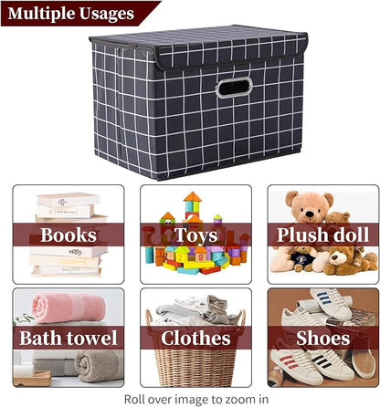 STOREONE Fabric Storage Cube Bins Foldable Organizer Container Collapsible Basket with Lids and Metal Handles, for Home, Bedroom, Closet 3 Pcs (Black grid)