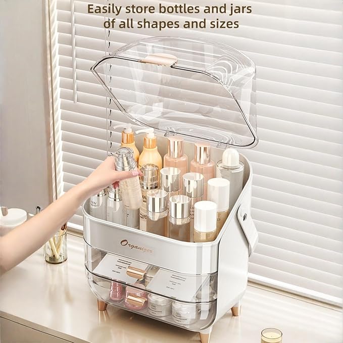 Makeup Organizer, Skincare Organizers with Clear Lid & 2 Drawers and 360° Rotating Brush Holder