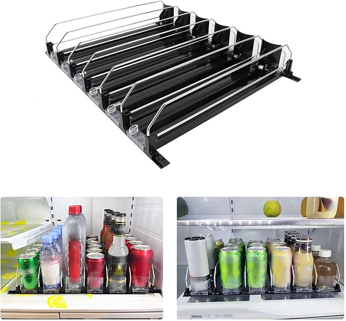 Soda Can Organizer, Automatic Pusher Glide Drink Dispenser for Fridge, Adjustable Width Beverage Holder, Storage 25 Cans 5 Row (Black)
