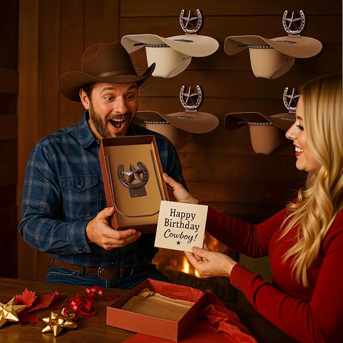 Cowboy Hat Rack Wall Mount,Cowboy Hat Holder for Wall,Western Home Decor,Hat Organizer for Caps,Rustic Horseshoe Star Metal Hat Hanger for Closet Horse Trailer Entryway Bedroom,4 Pack,Bronze
