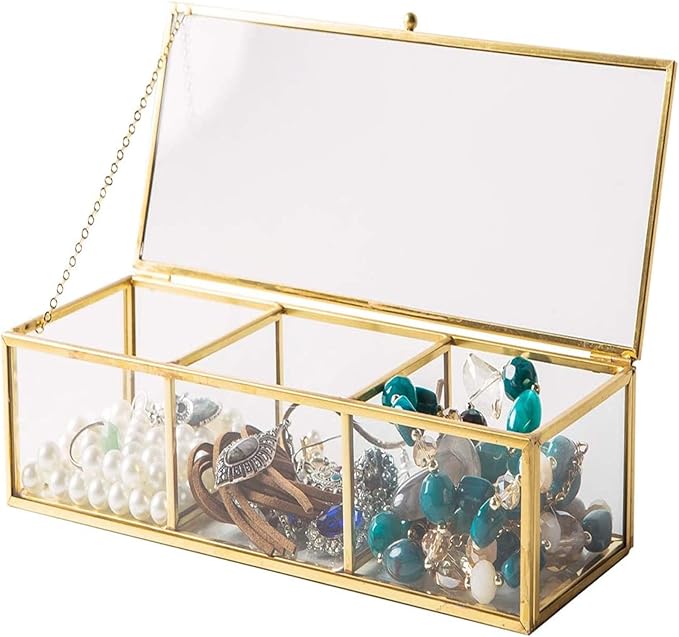 Vintage Golden Glass Lidded Box Clear Glass & Brass Metal Storage Jewelry and Cosmetic Makeup Organizer with Lid Beauty Display, Rectangle with 3 Compartment