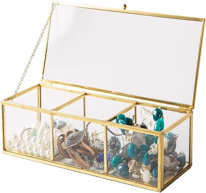 Vintage Golden Glass Lidded Box Clear Glass & Brass Metal Storage Jewelry and Cosmetic Makeup Organizer with Lid Beauty Display, Rectangle with 3 Compartment