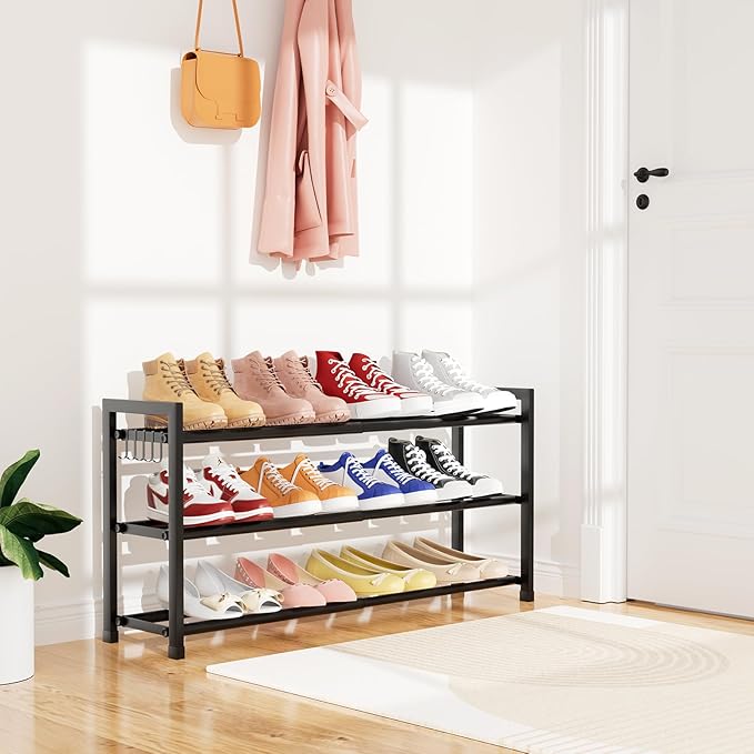 Expandable Shoe Rack for Small Spaces, Adjustable Width 18.5"–33", 3-Tier Sturdy Metal Shoe Organizer for Entryway, Closet, Bedroom Garage Dorm, Free Standing Shoe Organizer 12 Pairs with Hooks, Black