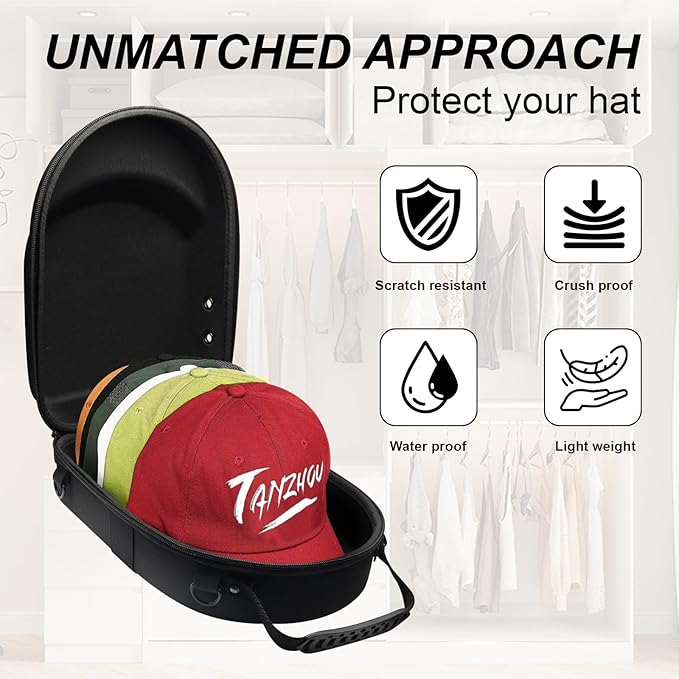 Hard Hat Travel Case for Baseball Caps 1 Piece Black - Hat Protector with Handle, Adjustable Shoulder Strap & Luggage Strap, Stores 6 Hats for Travel, Home, Gifts