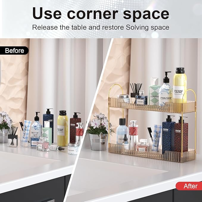 GTI Narrow Bathroom Organizers and Storage, 2 Tier Rectangle Makeup Counter Organizer, Perfume Cosmetics Skincare Vanity Organizers, Dresser Countertop Organizer for Women (Gold)