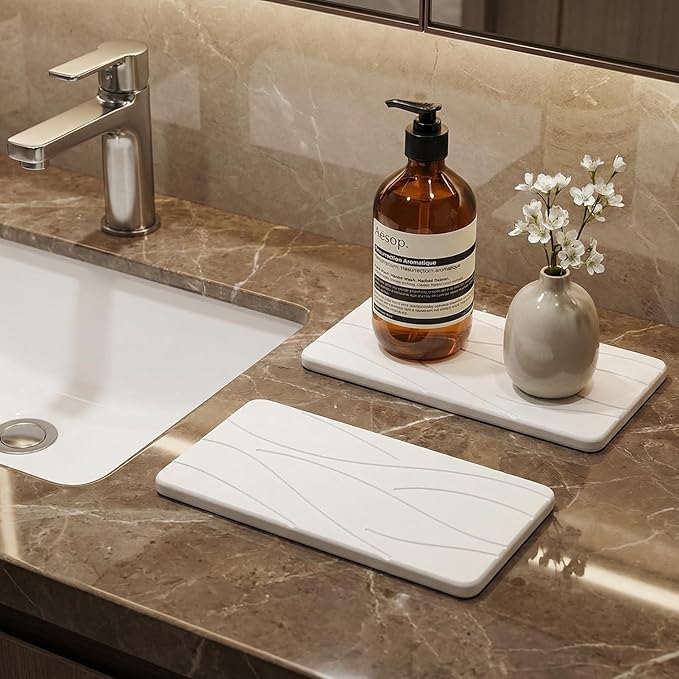 2Pcs Water Absorbing Stone Drying Tray for Bathroom Sink Counter Decor Kitchen Soap Dish Dispenser Trays Sponge Holder White Bathroom Vanity Tray Fast Quick Diatomite Stone Drying Mat for Kitchen Sink