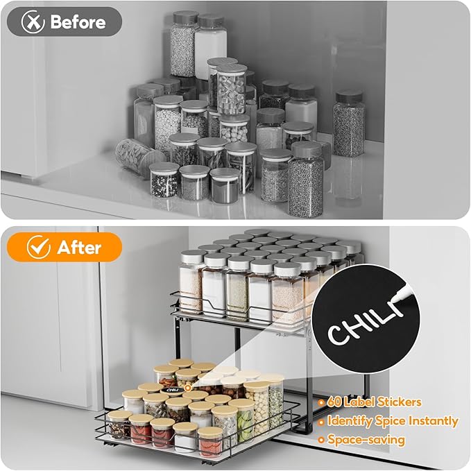 Pull Out Spice Rack Organizer for Cabinet, 2 Tier Metal Seasoning Organizer Slide Out Spice Storage Shelf, Heavy Duty Vertical Spice Rack Pullout for Kitchen, with Labels, 11.5W" X 10.5"D X 9"H