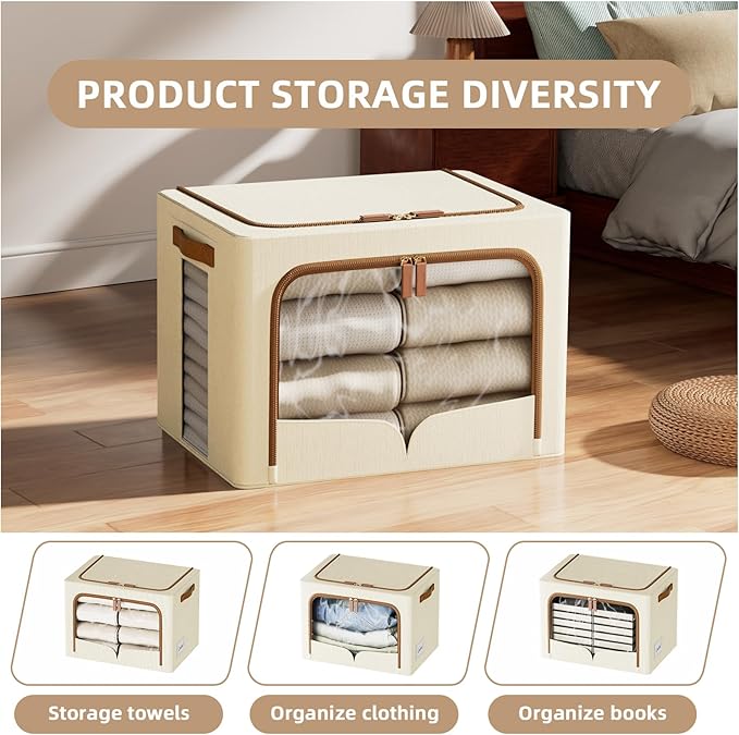 FHSQX 6 Pack Clothes Storage Bins - Foldable Storage Bins for Clothes Fabric Storage Box with Metal Frame (Beige, 16.5x12.2x12.2 inch)