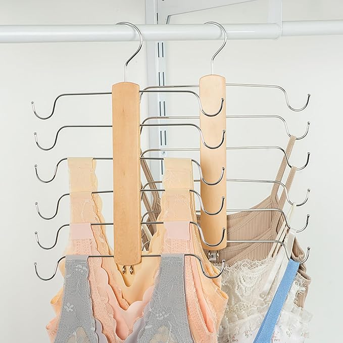 Underwear Hanger - Wooden Bra Tank Tops Hanger Organizer for Closet, Maximum 12 Storage Capacity, Top 360° Rotation, Hanging Space Saving Hook for Sport Bras, Camisoles, Lingeries