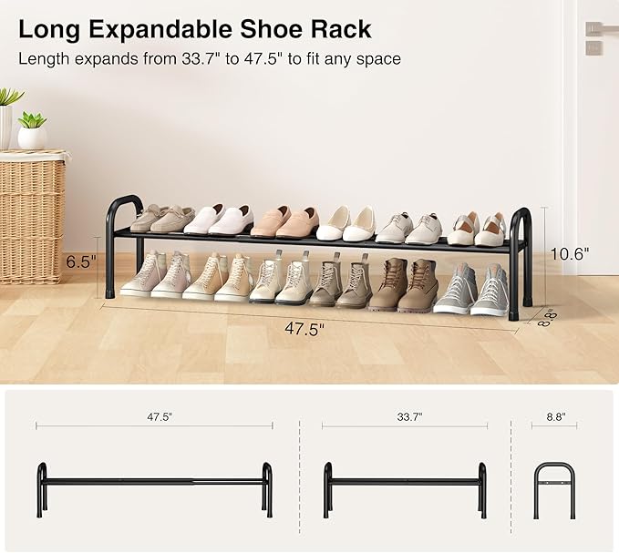 STO STO Long Expandable Shoe Rack 1-Tier, Adjustable Length 33.7”–47.5” Shoe Organizer, Metal Shoes Storage Shelf, Holds Up to 12 Pairs, Non-Slip Feet, for Closet, Entryway, Hallway, Front Door, Black