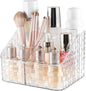 DASITON Makeup Brush Holder Organizer, 4 Slots Acrylic Makeup Brushes Storage Cup, Woven Texture Make Up Brush Holder for Vanity Bathroom Office, Pen Holder for Desk, Cosmetic Display Cases (Clear L)