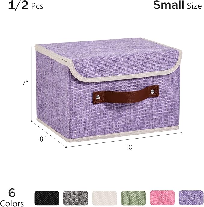 Storage Bins Box with Lids Decorative Cotton Linen Fabric Baskets Cubes with Handles PP Plastic Board Foldable Washable Lidded Clothing Shelf Closet Organizer Container (Purple, Small)