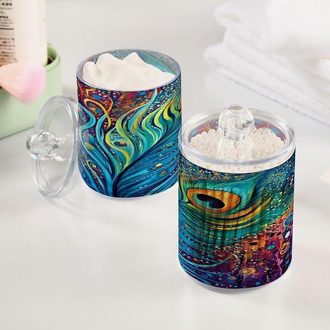 4 Pack Qtip Holder Dispenser Peacock Feathers Rainbow Feathers Blue Cotton Ball Swab Round Pads Floss Clear Bathroom Storage Containers Plastic Apothecary Jars with Lids