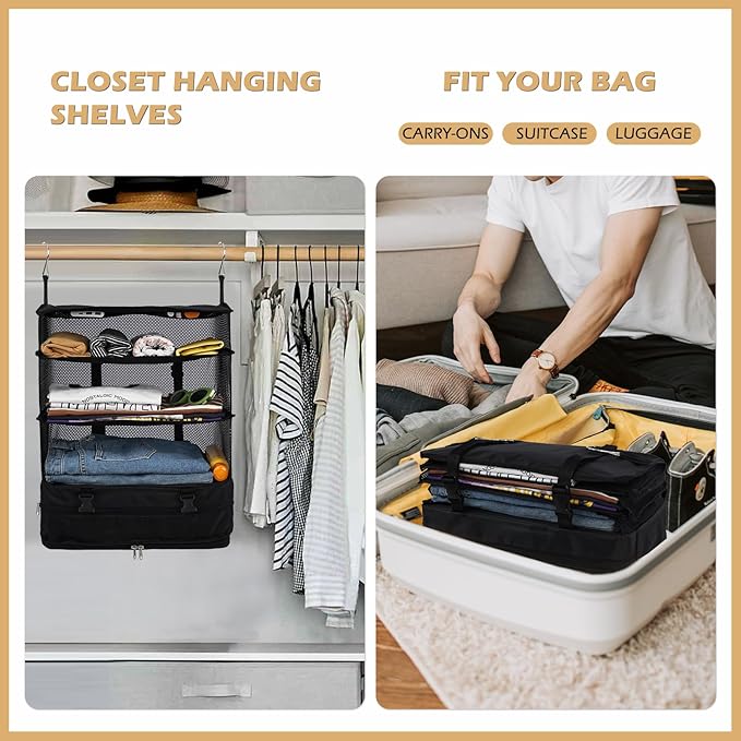Surblue Hanging Closet Storage Bag Collapsible 3-Shelf Washable Oxford Fabric with 2 Hooks (XL 17.71 * 11.81 * 20in, Black)