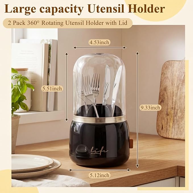 2 Pack 360° Rotating Silverware Organizer, Utensil Holder with Lid for Kitchen Counter Silverware Caddy with Drainage Dustproof Flatware Holder for Cutlery Spoon Fork(Black,7 Slot)
