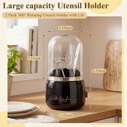 2 Pack 360° Rotating Silverware Organizer, Utensil Holder with Lid for Kitchen Counter Silverware Caddy with Drainage Dustproof Flatware Holder for Cutlery Spoon Fork(Black,7 Slot)