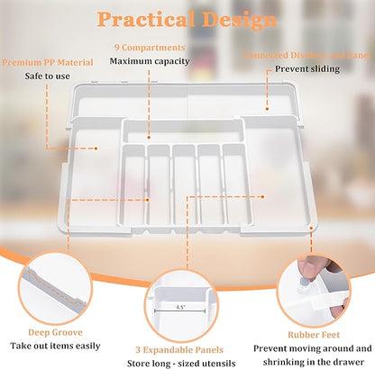 Spaclear Large Silverware Drawer Organizer Expandable Kitchen Utensil Organizer BPA Free Flatware Cutlery Holder Tray Adjustable Plastic Drawer Divider Storage for Forks Knives 6-9 Slots White