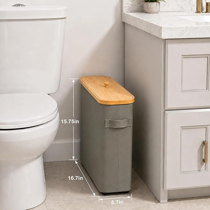 Premium Waterproof Toilet Paper Storage Box with Bamboo Lid - Fits 9 Mega Rolls, 900D Heavy-Duty Fabric Bathroom Organizer Bin with Elevated Base & Handles for Narrow Spaces (17.3"x 6.9"x 15.5")