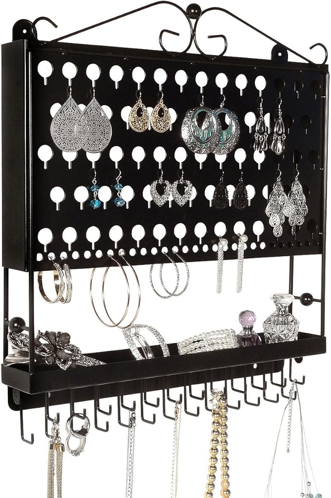 JR20-FB Flat Black Wall Mounted Organizer Necklace Holder Earring & Jewelry Display Rack with Tray